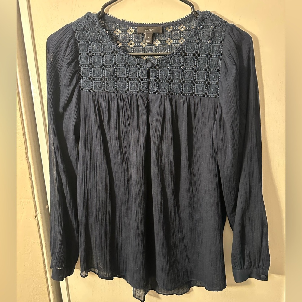 J.Crew Women’s Navy Embroidered Gauze Top